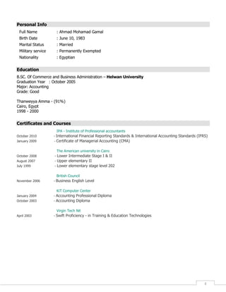 4
Personal Info
Full Name : Ahmad Mohamad Gamal
Birth Date : June 10, 1983
Marital Status : Married
Military service : Permanently Exempted
Nationality : Egyptian
Education
B.SC. Of Commerce and Business Administration – Helwan University
Graduation Year : October 2005
Major: Accounting
Grade: Good
Thanweyya Amma - (91%)
Cairo, Egypt
1998 - 2000
Certificates and Courses
IPA - Institute of Professional accountants
October 2010 - International Financial Reporting Standards & International Accounting Standards (IFRS)
January 2009 - Certificate of Managerial Accounting (CMA)
The American university in Cairo
October 2008 - Lower Intermediate Stage I & II
August 2007 - Upper elementary II
July 1999 - Lower elementary stage level 202
British Council
November 2006 - Business English Level
KiT Computer Center
January 2004 - Accounting Professional Diploma
October 2003 - Accounting Diploma
Virgin Tech Nit
April 2003 - Swift Proficiency - in Training & Education Technologies
 