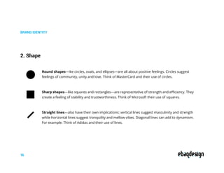 BRAND IDENTITY
2. Shape
Round shapes—ike circles, ovals, and ellipses—are all about positive feelings. Circles suggest
feelings of community, unity and love. Think of MasterCard and their use of circles.
Sharp shapes—like squares and rectangles—are representative of strength and efficiency. They
create a feeling of stability and trustworthiness. Think of Microsoft their use of squares.
Straight lines—also have their own implications: vertical lines suggest masculinity and strength
while horizontal lines suggest tranquility and mellow vibes. Diagonal lines can add to dynamism.
For example: Think of Adidas and their use of lines.
16
 