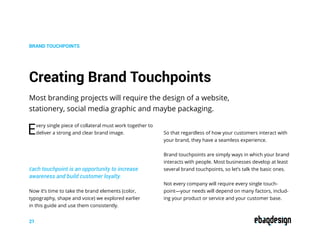 Creating Brand Touchpoints
BRAND TOUCHPOINTS
21
Most branding projects will require the design of a website,
stationery, social media graphic and maybe packaging.
Every single piece of collateral must work together to
deliver a strong and clear brand image.
Each touchpoint is an opportunity to increase
awareness and build customer loyalty.
Now it’s time to take the brand elements (color,
typography, shape and voice) we explored earlier
in this guide and use them consistently.
So that regardless of how your customers interact with
your brand, they have a seamless experience.
Brand touchpoints are simply ways in which your brand
interacts with people. Most businesses develop at least
several brand touchpoints, so let’s talk the basic ones.
Not every company will require every single touch-
point—your needs will depend on many factors, includ-
ing your product or service and your customer base.
 