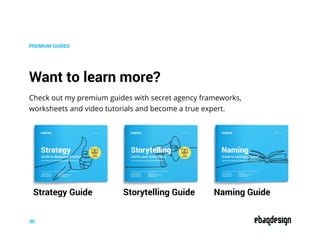 Want to learn more?
Check out my premium guides with secret agency frameworks,
worksheets and video tutorials and become a true expert.
PREMIUM GUIDES
30
Strategy Guide Storytelling Guide Naming Guide
 