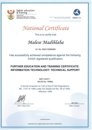 technical support certificate