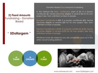 2) Fixed Amounts
Fundraising – Donation
Based
www.onlinesensor.com www.5dollargem.com
“ 5Dollargem ”
Donation Based Fixed Amounts Fundraising
In this method the Basic contribution starts at $5. If a backer
contributes $5, he/she becomes eligible to receive $5 for his own
project also, from unlimited number of people.
Standard Contribution is $50. If a backer contributes $50, he/she
becomes eligible to receive $50 for his own project also, from
unlimited number of people.
Premium Contribution is $100. If a backer contributes $100, he/she
becomes eligible to receive $100 for his own project also from
unlimited number of people.
Whatever funds are raised by you are completely yours as in any
other crowd funding platform.
 