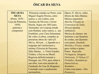 ÓSCAR DA SILVA

  ÓSCAR DA           Primeiros estudos no Porto, com    Ópera: D. Mécia, sobre
     SILVA          Miguel Ãngelo Pereira, entre        libreto de Júlio Dantas;
 (Porto, 1870 -     outros, e, em Lisboa, com           Música orquestral:
Leça da Palmeira,   Timóteo da Silveira e Victor        Marcha Triunfal do
      1958)         Hussla. Segue em 1892 para          Centenário da Índia,
    pianista e      Alemanha: em Leipzig estuda         Miriam (poema
   compositor       com Ruthart, entre outros, e , em   sinfónico);
                    Frankfurt, com Clara Schumann.      Música de câmara: um
                    De volta a Lisboa, compões as       Quinteto e um Quarteto
                    primeiras obras de vulto (D.        de cordas, um Quarteto
                    Mécia, Miriam…), ligando-se a       com piano, Saudade,
                    umgrupo de3 intelectuais e          Melodia e Frases, sonata
                    artistas (Teixeira de Pascoais,     para violino e piano.
                    Júlio Dantas…). Visita Estados      Piano: Rapsodia
                    Unidos, e fixa-se no Brasil.        Portuguesa, Imagens,
                    Regressa definitivamente a          Dolorosas, 13 Valsas,13
                    Portugal, em 1954, para editar a    Prelúdios, Românticas,
                    sua obra, com uma pensão da         Humorísticas,
                    Fundação da Casa de Bragança.       Saudades….
                    Conotado com o saudosismo           Canto com piano: Oito
                    nacionalista.                       Romances.
 