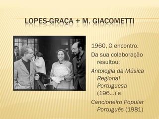 LOPES-GRAÇA + M. GIACOMETTI


                1960, O encontro.
                Da sua colaboração
                  resultou:
                Antologia da Música
                  Regional
                  Portuguesa
                  (196…) e
                Cancioneiro Popular
                  Português (1981)
 