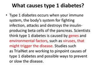 What causes type 1 diabetes?
• Type 1 diabetes occurs when your immune
system, the body’s system for fighting
infection, attacks and destroys the insulin-
producing beta cells of the pancreas. Scientists
think type 1 diabetes is caused by genes and
environmental factors, such as viruses, that
might trigger the disease. Studies such
as TrialNet are working to pinpoint causes of
type 1 diabetes and possible ways to prevent
or slow the disease.
 