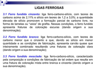 3.1 Ferro fundido cinzento: liga ferro-carbono-silício, com teores de
carbono acima de 2,11% e silício em teores de 1,2 a 3,0%; a quantidade
elevada de silício promovem a formação parcial de carbono livre, na
forma de lamelas ou “veios” de grafita. Nessas condições, o ferro fundido
apresenta fraturas de coloração escuras (dando origem a sua
denominação);
3.2 Ferro fundido branco: liga ferro-carbono-silício, com teores de
carbono menor que o cinzento e que, devido ao silício em menor
quantidade e as condições de fabricação, apresenta carvão quase que
inteiramente combinado resultando uma fraturas de coloração clara
(dando origem a sua denominação);
3.3 Ferro fundido mesclado: liga ferro-carbono-silício, caracterizado
pela composição e condições de fabricação de tal ordem que resulta em
uma fratura de coloração mista entre branca e cinzenta (dando origem a
sua denominação).
LIGAS FERROSAS
 