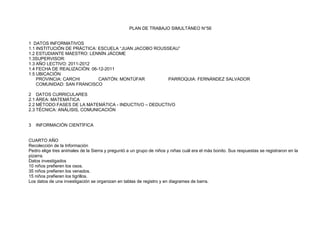 PLAN DE TRABAJO SIMULTÁNEO N°56


1 DATOS INFORMATIVOS
1.1 INSTITUCIÓN DE PRÁCTICA: ESCUELA “JUAN JACOBO ROUSSEAU”
1.2 ESTUDIANTE MAESTRO: LENNÍN JÁCOME
1.3SUPERVISOR:
1.3 AÑO LECTIVO: 2011-2012
1.4 FECHA DE REALIZACIÓN: 06-12-2011
1.5 UBICACIÓN
    PROVINCIA: CARCHI        CANTÓN: MONTÚFAR          PARROQUIA: FERNÁNDEZ SALVADOR
    COMUNIDAD: SAN FRANCISCO

2 DATOS CURRICULARES
2.1 ÁREA: MATEMÁTICA
2.2 MÉTODO:FASES DE LA MATEMÁTICA - INDUCTIVO – DEDUCTIVO
2.3 TÉCNICA: ANÁLISIS, COMUNICACIÓN


3   INFORMACIÓN CIENTÍFICA


CUARTO AÑO
Recolección de la Información
Pedro elige tres animales de la Sierra y preguntó a un grupo de niños y niñas cuál era el más bonito. Sus respuestas se registraron en la
pizarra.
Datos investigados
10 niños prefieren los osos.
35 niños prefieren los venados.
15 niños prefieren los tigrillos.
Los datos de una investigación se organizan en tablas de registro y en diagrames de barra.
 