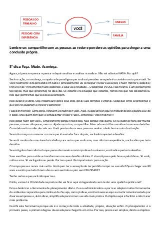 Lembre-se: compartilhe com as pessoas ao redor e pondere as opiniões para chegar a uma
conclusão própria.
5° dica: Faça. Mude. Aconteça.
Agora, só pensar e pensar e pensar e depois analisar e analisar e analisar. Não vai adiantar NADA. Por quê?
Será na ação, na mudança, na quebra de paradigma que você vai perceber se aquele é o caminho certo para você. Se
você realmente está pensando em tudo e principalmente vai conseguir revisar suas ações e fazer melhor a cada dia!
Incrível, não? Pensamento muito poderoso. E aqui vai a novidade... O poderoso é VOCE. Isso mesmo. É um pensamento
tão logico, mas que ignoramos no dia a dia. Se estamos na situação que estamos, fomos nós que nos colocamos lá.
Nós que permitimos que as coisas aconteçam.
Não culpe os outros. Seja responsável pelos seus atos, pelas suas derrotas e vitorias. Saiba que erros acontecerão e
que eles te ajudaram a crescer e aprender.
Faça por merecer. Corra atrás. Ninguém vai fazer por você. Aliás, eu posso ficar aqui te motivando até a página 100 do
e-book. Mas quem tem que se entusiasmar e fazer é você...entendeu? Você mesma!!!!
Não posso fazer por você... Simplesmente porque não posso. Não porque não quero. Se eu pudesse faria por muitas
pessoas, mas eu não posso, nem vc. Ajude os outros, compartilhe. Mas cada um trilha sua vida e toma suas decisões.
O martelo está na mão de cada um. Você precisa dar os seus passos e aceitar o lado bom e ruim da situação:
Se você começou a namorar um cara que iria estudar fora do pais, você sabia que teria desafios.
Se você mudou de uma área de trabalho para outra que você ama, mas não tem experiência, você sabia que teria
desafios.
Se você gritou bem alto tudo que pensa da maneira mais impulsiva do universo, você sabia que teria desafios.
Suas escolhas para a vida se transformam nos seus desafios diários. E só você passa pelo ônus e pelo bônus. Só você,
sofre e ama. Só você ganha ou perde. Por isso que é tão importante ir para a ação.
O tempo passa e nunca mais volta. Você quer ter a sensação de ter perdido tempo na sua vida? Quer chegar aos 80
anos e sentir que tudo foi em vão ou sem sentido ou pior sem FELICIDADE?
Tenho certeza que você não quer isso.
Então, vamos lá. O felicidade na pratica não vai ficar aqui só tagarelando sem te dar uma ajudinha prática né?
Este e-book traz a ferramenta de planejamento diário. Eu sou administradora e por isso adaptei muitas ferramentas
do ambiente corporativo para minha vida. Ou seja, como já disse, você terá acesso aqui a uma ferramenta testada por
diversas empresas e, além disso, simplificada para tornar sua vida mais pratica. O objetivo aqui é facilitar e não trazer
mais problema.
Escolhi esta ferramenta porque ela é o começo de toda a atividade, projeto, situação enfim. O planejamento é o
primeiro passo, o primeiro degrau da escada para chegar lá em cima. Por isso, precisa ser simples, direto e objetivo.
VOCÊ
FAMÍLIA
AMIGOS
PESSOAS DO
TRABALHO
PESSOAS COM
EXPERIÊNCIA
 