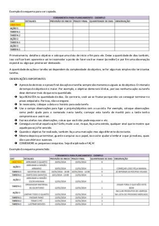 Exemplo do esquema para ser copiado.
Primeiramente, detalhe o objetivo e coloque uma data de inicio e fim para ele. Deixe a quantidade de dias também,
isso vai ficar bem aparente e vai te incomodar a ponto de fazer você se mexer (acredite!) e por fim uma observação
especial ou algo que precise ser destacado.
A quantidade de ações e tarefas vai dependem da complexidade do objetivo, se for algo mais simples não terá tantas
tarefas.
OBSERVAÇÕES IMPORTANTES
A previsão de inicio e o prazo final das ações e tarefas sempre são menores ou iguais as do objetivo. O intervalo
de tempo do objetivo é o maior. Por exemplo, o objetivo demorará 10 dias, por isso nenhuma ação ou tarefa
deve demorar mais do que esta quantidade.
Seja REALISTA na quantidade de dias. Do contrario, você vai se frustar porque não vai conseguir terminar no
prazo estipulado. Por isso, não se engane.
Se necessário, coloque a data e o horário para cada tarefa
Use o campo observações para ligar o projeto/objetivo com a sua vida. Por exemplo, coloque observações
como pedir ajuda para o namorado nesta tarefa; começar esta tarefa de manhã pois a tarde tenho
compromisso e assim vai.
Escreva alertas nas observações, coisas que você não pode esquecer e etc.
Conseguiu concluir aquela ação? Grife, mude a cor, risque, faça uma estrela, qualquer sinal que te mostre que
aquele passo já foi vencido.
Quando o objetivo for realizado, também faça uma marcação mas algo diferente do restante.
Mesmo depois que terminar, guarde o arquivo ou o papel, isso vai te ajudar a lembrar o que já realizou, quais
são suas vitórias e sucessos.
COMEMORE as pequenas conquistas. Seja disciplinada e FAÇA!
Exemplo do esquema preenchido
 