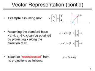 Vector Representation (cont’d)
• Example assuming n=2:
• Assuming the standard base
<v1=i, v2=j>, xi can be obtained
by projecting x along the
direction of vi:
• x can be “reconstructed” from
its projections as follows:
9
1
2
3
:
4
x
x
   
=
   
 
 
x
 
1
1
3 4 3
0
T
x i
 
= = =
 
 
x
3 4
i j
= +
x
 
2
0
3 4 4
1
T
x j
 
= = =
 
 
x
i
j
 