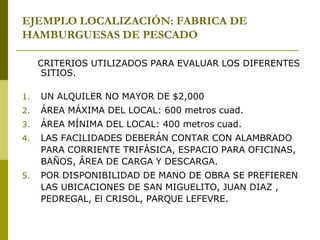 EJEMPLO LOCALIZACIÓN: FABRICA DE
HAMBURGUESAS DE PESCADO
CRITERIOS UTILIZADOS PARA EVALUAR LOS DIFERENTES
SITIOS.
1. UN ALQUILER NO MAYOR DE $2,000
2. ÁREA MÁXIMA DEL LOCAL: 600 metros cuad.
3. ÁREA MÍNIMA DEL LOCAL: 400 metros cuad.
4. LAS FACILIDADES DEBERÁN CONTAR CON ALAMBRADO
PARA CORRIENTE TRIFÁSICA, ESPACIO PARA OFICINAS,
BAÑOS, ÁREA DE CARGA Y DESCARGA.
5. POR DISPONIBILIDAD DE MANO DE OBRA SE PREFIEREN
LAS UBICACIONES DE SAN MIGUELITO, JUAN DIAZ ,
PEDREGAL, El CRISOL, PARQUE LEFEVRE.
 