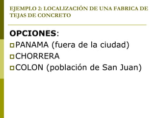 EJEMPLO 2: LOCALIZACIÓN DE UNA FABRICA DE
TEJAS DE CONCRETO
OPCIONES:
PANAMA (fuera de la ciudad)
CHORRERA
COLON (población de San Juan)
 