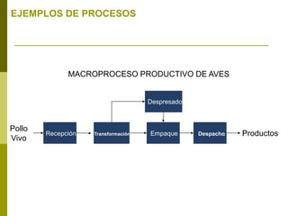 MACROPROCESO PRODUCTIVO DE AVES
EJEMPLOS DE PROCESOS
Transformación ProductosRecepción DespachoEmpaque
Despresado
Pollo
Vivo
 