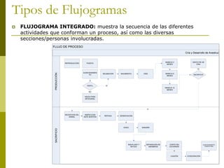 Tipos de Flujogramas
 FLUJOGRAMA INTEGRADO: muestra la secuencia de las diferentes
actividades que conforman un proceso, así como las diversas
secciones/personas involucradas.
Cría y Desarrollo de Avestruz
FLUJO DE PROCESO
SACRIFICIOPRODUCCIÓN
REPRODUCCIÓN PUESTA
SACRIFICIO
ALMACENAMIEN
TO
INCUBACIÓN NACIMIENTO CRIA
MANEJO 3
MESES
MANEJO 6
MESES
MANEJO 12
MESES
FERTIL
VENTA PARA
ARTESANAL
NO
SI
VENTA PIE DE
CRIA
RECEPCION DEL
ANIMAL
INSPECCION
ANTE MORTEM
REPOSO DENERVACIÓN
IZADO SANGRÍA
INSUFLADO Y
BATIDO
SEPARACIÓN DE
MIEMBROS
CORTE DEL
ESTERNON
LIGAZÓN EVISCERACIÓN
ALMACENAMIENTO
CUARTO FRIO
no
sí
 