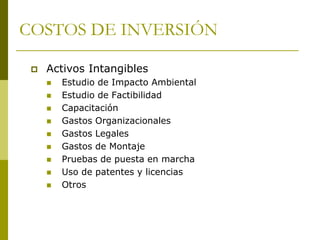 COSTOS DE INVERSIÓN
 Activos Intangibles
 Estudio de Impacto Ambiental
 Estudio de Factibilidad
 Capacitación
 Gastos Organizacionales
 Gastos Legales
 Gastos de Montaje
 Pruebas de puesta en marcha
 Uso de patentes y licencias
 Otros
 