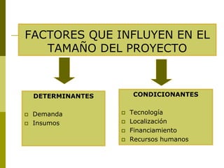 FACTORES QUE INFLUYEN EN EL
TAMAÑO DEL PROYECTO
DETERMINANTES
 Demanda
 Insumos
CONDICIONANTES
 Tecnología
 Localización
 Financiamiento
 Recursos humanos
 