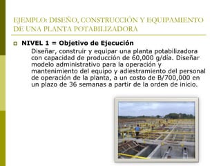 EJEMPLO: DISEÑO, CONSTRUCCIÓN Y EQUIPAMIENTO
DE UNA PLANTA POTABILIZADORA
 NIVEL 1 = Objetivo de Ejecución
Diseñar, construir y equipar una planta potabilizadora
con capacidad de producción de 60,000 g/día. Diseñar
modelo administrativo para la operación y
mantenimiento del equipo y adiestramiento del personal
de operación de la planta, a un costo de B/700,000 en
un plazo de 36 semanas a partir de la orden de inicio.
 