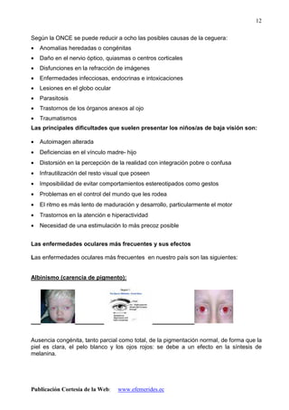 Publicación Cortesía de la Web: www.efemerides.ec
12
Según la ONCE se puede reducir a ocho las posibles causas de la ceguera:
• Anomalías heredadas o congénitas
• Daño en el nervio óptico, quiasmas o centros corticales
• Disfunciones en la refracción de imágenes
• Enfermedades infecciosas, endocrinas e intoxicaciones
• Lesiones en el globo ocular
• Parasitosis
• Trastornos de los órganos anexos al ojo
• Traumatismos
Las principales dificultades que suelen presentar los niños/as de baja visión son:
• Autoimagen alterada
• Deficiencias en el vínculo madre- hijo
• Distorsión en la percepción de la realidad con integración pobre o confusa
• Infrautilización del resto visual que poseen
• Imposibilidad de evitar comportamientos estereotipados como gestos
• Problemas en el control del mundo que les rodea
• El ritmo es más lento de maduración y desarrollo, particularmente el motor
• Trastornos en la atención e hiperactividad
• Necesidad de una estimulación lo más precoz posible
Las enfermedades oculares más frecuentes y sus efectos
Las enfermedades oculares más frecuentes en nuestro país son las siguientes:
Albinismo (carencia de pigmento):
Ausencia congénita, tanto parcial como total, de la pigmentación normal, de forma que la
piel es clara, el pelo blanco y los ojos rojos: se debe a un efecto en la síntesis de
melanina.
 