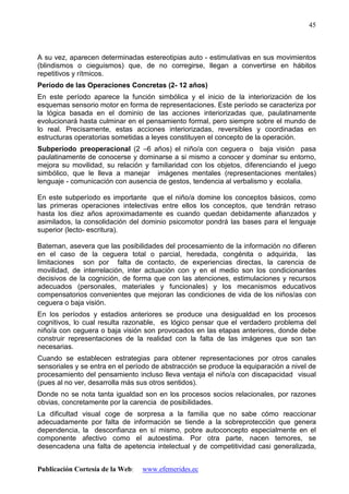 Publicación Cortesía de la Web: www.efemerides.ec
45
A su vez, aparecen determinadas estereotipias auto - estimulativas en sus movimientos
(blindismos o cieguismos) que, de no corregirse, llegan a convertirse en hábitos
repetitivos y rítmicos.
Período de las Operaciones Concretas (2- 12 años)
En este período aparece la función simbólica y el inicio de la interiorización de los
esquemas sensorio motor en forma de representaciones. Este período se caracteriza por
la lógica basada en el dominio de las acciones interiorizadas que, paulatinamente
evolucionará hasta culminar en el pensamiento formal, pero siempre sobre el mundo de
lo real. Precisamente, estas acciones interiorizadas, reversibles y coordinadas en
estructuras operatorias sometidas a leyes constituyen el concepto de la operación.
Subperíodo preoperacional (2 –6 años) el niño/a con ceguera o baja visión pasa
paulatinamente de conocerse y dominarse a si mismo a conocer y dominar su entorno,
mejora su movilidad, su relación y familiaridad con los objetos, diferenciando el juego
simbólico, que le lleva a manejar imágenes mentales (representaciones mentales)
lenguaje - comunicación con ausencia de gestos, tendencia al verbalismo y ecolalia.
En este subperíodo es importante que el niño/a domine los conceptos básicos, como
las primeras operaciones intelectivas entre ellos los conceptos, que tendrán retraso
hasta los diez años aproximadamente es cuando quedan debidamente afianzados y
asimilados, la consolidación del dominio psicomotor pondrá las bases para el lenguaje
superior (lecto- escritura).
Bateman, asevera que las posibilidades del procesamiento de la información no difieren
en el caso de la ceguera total o parcial, heredada, congénita o adquirida, las
limitaciones son por falta de contacto, de experiencias directas, la carencia de
movilidad, de interrelación, inter actuación con y en el medio son los condicionantes
decisivos de la cognición, de forma que con las atenciones, estimulaciones y recursos
adecuados (personales, materiales y funcionales) y los mecanismos educativos
compensatorios convenientes que mejoran las condiciones de vida de los niños/as con
ceguera o baja visión.
En los períodos y estadios anteriores se produce una desigualdad en los procesos
cognitivos, lo cual resulta razonable, es lógico pensar que el verdadero problema del
niño/a con ceguera o baja visión son provocados en las etapas anteriores, donde debe
construir representaciones de la realidad con la falta de las imágenes que son tan
necesarias.
Cuando se establecen estrategias para obtener representaciones por otros canales
sensoriales y se entra en el período de abstracción se produce la equiparación a nivel de
procesamiento del pensamiento incluso lleva ventaja el niño/a con discapacidad visual
(pues al no ver, desarrolla más sus otros sentidos).
Donde no se nota tanta igualdad son en los procesos socios relacionales, por razones
obvias, concretamente por la carencia de posibilidades.
La dificultad visual coge de sorpresa a la familia que no sabe cómo reaccionar
adecuadamente por falta de información se tiende a la sobreprotección que genera
dependencia, la desconfianza en sí mismo, pobre autoconcepto especialmente en el
componente afectivo como el autoestima. Por otra parte, nacen temores, se
desencadena una falta de apetencia intelectual y de competitividad casi generalizada,
 