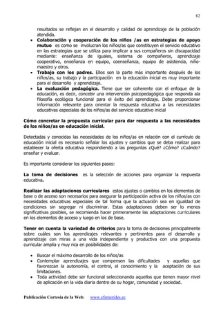 Publicación Cortesía de la Web: www.efemerides.ec
82
resultados se reflejan en el desarrollo y calidad de aprendizaje de la población
atendida.
• Colaboración y cooperación de los niños /as en estrategias de apoyo
mutuo es como se involucran los niños/as que constituyen el servicio educativo
en las estrategias que se utiliza para implicar a sus compañeros sin discapacidad
mediante: enseñanza de iguales, sistema de compañeros, aprendizaje
cooperativo, enseñanza en equipo, coenseñanza, equipo de asistencia, niño-
maestro y otros.
• Trabajo con los padres. Ellos son la parte más importante después de los
niños/as, su trabajo y la participación en la educación inicial es muy importante
para el desarrollo y aprendizaje.
• La evaluación pedagógica. Tiene que ser coherente con el enfoque de la
educación, es decir, concebir una intervención psicopedagógica que responda ala
filosofía ecológica funcional para el éxito del aprendizaje. Debe proporcionar
información relevante para orientar la respuesta educativa a las necesidades
educativas especiales de los niños/as del servicio educativo inicial
Cómo concretar la propuesta curricular para dar respuesta a las necesidades
de los niños/as en educación inicial.
Detectadas y conocidas las necesidades de los niños/as en relación con el currículo de
educación inicial es necesario señalar los ajustes y cambios que se deba realizar para
establecer la oferta educativa respondiendo a las preguntas ¿Qué? ¿Cómo? ¿Cuándo?
enseñar y evaluar.
Es importante considerar los siguientes pasos:
La toma de decisiones es la selección de acciones para organizar la respuesta
educativa.
Realizar las adaptaciones curriculares estos ajustes o cambios en los elementos de
base o de acceso son necesarios para asegurar la participación activa de los niños/as con
necesidades educativas especiales de tal forma que la actuación sea en igualdad de
condiciones sin segregar ni discriminar. Estas adaptaciones deben ser lo menos
significativas posibles, se recomienda hacer primeramente las adaptaciones curriculares
en los elementos de acceso y luego en los de base.
Tener en cuenta la variedad de criterios para la toma de decisiones principalmente
sobre cuáles son los aprendizajes relevantes y pertinentes para el desarrollo y
aprendizaje con miras a una vida independiente y productiva con una propuesta
curricular amplia y muy rica en posibilidades de:
• Buscar el máximo desarrollo de los niños/as
• Contemplar aprendizajes que compensen las dificultades y aquellas que
favorezcan la autonomía, el control, el conocimiento y la aceptación de sus
limitaciones.
• Toda actividad debe ser funcional seleccionando aquellos que tienen mayor nivel
de aplicación en la vida diaria dentro de su hogar, comunidad y sociedad.
 