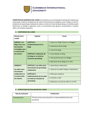 COMPETENCIAS GENERALES DEL CURSO: El estudiante una vez finalizado el estudio del módulo aquí
presentado, tendrá la competencia de utilizar herramientas tecnológicas como el blog y el wiki en
ambientes de aprendizaje colaborativo sobre un Entorno Virtual de Aprendizaje, así también podrá
determinar la utilidad y aplicación como un instrumento para generar conocimiento o criterios
sobre una temática especifica.
3. CONTENIDOS DEL CURSO
Nombre de la
unidad
Capitulo Temas
UNIDAD I: Los
Blogs como una
herramienta
cronológica para
la construcción
de criterios
CAPÍTULO I:
Fundamentación de los
Blogs
1. ¿Qué es un blog? ¿Qué es un blogger?
2. Importancia de los blogs
3. Uso de los blogs
CAPÍTULO II: Aplicación de
los blogs en un entorno
virtual de aprendizaje
1. Como diseñar un blog
2. Sitios gratuitos para ser blogger
3. Aplicación de los blogs en un EVA
UNIDAD II:
Los wikis como
herramienta
colaborativa en
la construcción
de criterios
CAPÍTULO I: Los wikis como
herramienta de aprendizaje
colaborativo
1. Aprendizaje colaborativo
2. ¿Qué son los wikis? Origen e importancia
CAPÍTULO II:
implementación de los wikis
en entornos virtuales de
aprendizaje
1. Wikis para colaborar
2. Creando un wiki
3. Aplicación y uso de los wikis en un EVA
4. ESTRUCTURA DE EVALUACION DEL CURSO
Tipo de evaluación Ponderación
Autoevaluación 25% del proceso de evaluación es responsabilidad directa del
estudiante
 