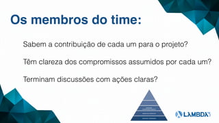 Os membros do time:
Sabem a contribuição de cada um para o projeto?
Têm clareza dos compromissos assumidos por cada um?
Terminam discussões com ações claras?
FALTA DE CONFIANÇA
MEDO DO CONFLITO
FALTA DE
COMPROMETIMENTO
 