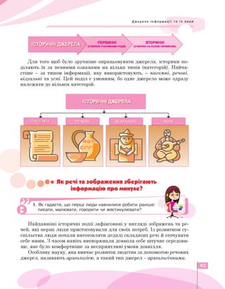 Джерела інформації та їх види
Для того щоб було зручніше опрацьовувати джерела, історики по­
діляють їх за певними ознаками на кілька типів (категорій). Найча­
стіше - за типом інформації, яку використовують, - писемні, речові,
візуальні та усні. Цей поділ є умовним, бо одне джерело може одразу
належати до кількох категорій.
jcropvmjджерела
Як речі та зображення зберігають
інформацію про минуле?
1. Як гадаєте, що перші люди навчилися робити раніше:
писати, малювати, говорити чи жестикулювати?
Найдавніші історичні події зафіксовані у вигляді зображень та ре­
чей, які перші люди пристосовували для своїх потреб. Із розвитком су­
спільства люди почали виготовляти дедалі складніші речі й оточувати
себе ними. З часом навіть витворювали довкола себе штучне середови­
ще, яке було комфортніше за несприятливі умови довкілля.
Особливу науку, яка вивчає розвиток людства за допомогою речових
джерел, називають археологією, а такий тип джерел - археологічними.
43
 