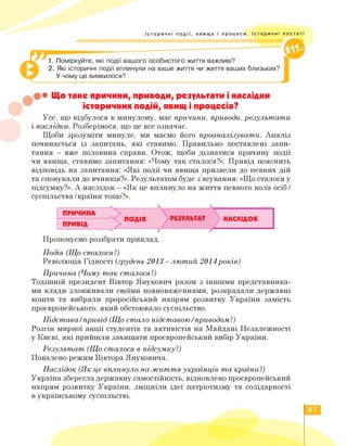 Історичні події, явища і процеси. Історичні постаті
1. Поміркуйте, які події вашого особистого життя важливі?
2. Які історичні події вплинули на ваше життя чи життя ваших близьких?
У чому це виявилося?
• Що таке причини, приводи, результати і наслідки
історичних подій, явищ і процесів?
Усе, що відбулося в минулому, має причини, приводи, результати
і наслідки. Розберімося, що це все означає.
Щоби зрозуміти минуле, ми маємо його проаналізувати. Аналіз
починається із запитань, які ставимо. Правильно поставлені запи­
тання - вже половина справи. Отож, щоби дізнатися причину події
чи явища, ставимо запитання: «Чому так сталося?». Привід пояснить
відповідь на запитання: «Які події чи явища призвели до певних дій
та спонукали до вчинків?». Результатом буде з'ясування: «Що сталося у
підсумку?». А наслідок - «Як це вплинуло на життя певного кола осіб /
суспільства/країни тощо?».
ПРИЧИНА
ПРИВІД
ПОДІЯ
^РЕЗУЛЬТАТ -----
) НАСЛІДОК
1/--------------------
Пропонуємо розібрати приклад.
Подія (Що сталося?)
Революція Гідності (груДень 2013 - лютий 2014років)
Причина (Чому так сталося?)
Тодішній президент Віктор Янукович разом з іншими представника­
ми влади зловживали своїми повноваженнями, розкрадали державні
кошти та вибрали проросійський напрям розвитку України замість
проєвропейського, який обстоювало суспільство.
Підстава/привід (Що стало підставою/приводом?)
Розгін мирної акції студентів та активістів на Майдані Незалежності
у Києві, які прийшли захищати проєвропейський вибір України.
Результат (Що сталося в підсумку?)
Повалено режим Віктора Януковича.
Наслідок (Як це вплинуло на життя українців та країни?)
Україна зберегладержавну самостійність, відновлено проєвропейський
напрям розвитку України, зміцніли ідеї патріотизму та солідарності
в українському суспільстві.
67
 