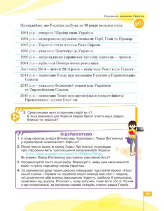 Утворення держави Україна
///////////////////////////////^^^^
Пригадаймо, що Україна здобула за 30 років незалежності.
1991 рік — створено Збройні сили України.
1992 рік - затверджено державні символи: Герб, Гімн та Прапор.
1995 рік - Україна стала членом Ради Європи.
1996 рік - ухвалено Конституцію України.
1996 рік - запроваджено українську грошову одиницю - гривню.
2004 рік - відбулася Помаранчева революція.
Листопад 2013 - лютий 2014 років - відбулася Революція Гідності.
2014 рік - підписано Угоду про асоціацію України з Європейським
Союзом.
2017 рік - ухвалено безвізовий режим між Україною
та Європейським Союзом.
2019 рік - підписано Томос про автокефалію (самостійність)
Православної церкви України.
3. Сучасниками яких історичних подій ви є?
В яких важливих для України подіях брали участь ваші родичі,
близькі чи знайомі?
ПІДСУМОВУЄМО
1.У чому полягає внесок В'ячеслава Чорновола і Левка Лук'яненка
у відновлення незалежності України?
2.Перегляньте відео, в якому Левко Лук'яненко розповідає
про створення Акта проголошення незалежності України
https://www.youtube.com/watch?v=PZMpsq7SCgg.
Як вчинки Левка Лук'яненка посприяли ухваленню Акта?
3. Проаналізуйте текст параграфа. Поміркуйте, чому ідея незалежності
мала потужну підтримку серед українців.
4. За допомогою додаткових джерел інформації підготуйте проєкт «Герої
нашої країни». Героєм чи героїнею вашої оповіді має стати людина,
чиї досягнення або вчинки прославили Україну, зробили її сильнішою,
захистили від ворога. Розкажіть, чому вибрали саме його або її. Разом
з однокласниками та однокласницями складіть список ваших Героїв.
99
 
