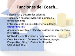 Funciones del Coach…
• Seleccionar y desarrollar talentos
• Trabajar en equipo = Manejar la unidad y
funcionamiento
• Entrenamiento diario = Obtener resultados
extraordinarios
• Acompañamiento en el Sector = Atención directa como
instructivo
• Motivador, con Disciplina y Comprometido
• Otras Funciones: Construir Confianza, Apoyo,
Perspectiva, Riesgo, Paciencia, Respeto,
Comunicación...
 