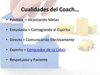 Cualidades del Coach…
• Positivo = Alcanzando Metas
• Entusiasta = Contagiando el Espíritu
• Directo = Comunicando Efectivamente
• Experto = Conocedor de su Labor
• Respetuoso y Paciente
 