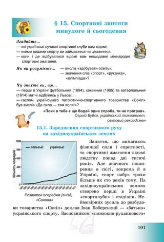 101
§ 15. Спортивні звитяги
минулого й сьогодення
Згадайте…
— які українські сучасні спортивні клуби вам відомі;
— якими видами спорту ви займаєтеся чи цікавитеся;
— коли і де відбувалися відомі вам нещодавні міжнародні
спортивні змагання.
Як ви розумієте… — вислів «здобувати освіту»;
— значення слів «спорт», «руханка»,
«олімпіада»?
Чи знаєте ви, що…
— перші в Україні футбольний (1894), хокейний (1905) та ватерпольний
(1914) матчі відбулись у Львові;
— гаслом українського патріотично-спортивного товариства «Сокіл»
був вислів «Де сила — там воля!»?
«Поки в тебе є ще бодай одна спроба, ти не програв».
Сергій Бубка, український легкоатлет,
світовий рекордсмен
15.1. Зародження спортивного руху
на західноукраїнських землях
Заняття, що вимагають
фізичної сили і спритності,
та спортивні змагання відомі
людству понад дві тисячі
років. Але значного поши-
рення в світі, зокрема й в
Україні, спорт набув трохи
більше як сто років тому. На
західноукраїнських землях
створено перші в Україні
«спортклуби» і стадіони. Не-
ймовірних зусиль до розбудо-
ви товариства «Сокіл» доклав Іван Боберський – «батько»
українського спорту. Засновником «пожежно-руханкового»
Розвиток осередків (гнізд)
«Сокола»
 