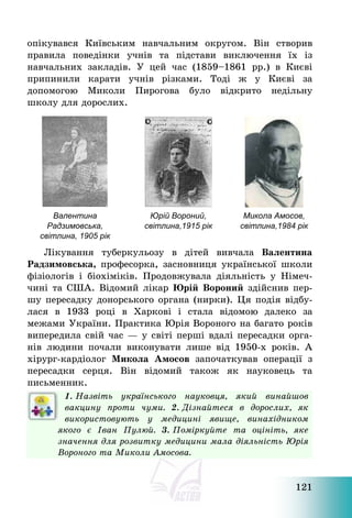 121
опікувався Київським навчальним округом. Він створив
правила поведінки учнів та підстави виключення їх із
навчальних закладів. У цей час (1859—1861 рр.) в Києві
припинили карати учнів різками. Тоді ж у Києві за
допомогою Миколи Пирогова було відкрито недільну
школу для дорослих.
Валентина
Радзимовська,
світлина, 1905 рік
Юрій Вороний,
світлина,1915 рік
Микола Амосов,
світлина,1984 рік
Лікування туберкульозу в дітей вивчала Валентина
Радзимовська, професорка, засновниця української школи
фізіологів і біохіміків. Продовжувала діяльність у Німеч-
чині та США. Відомий лікар Юрій Вороний здійснив пер-
шу пересадку донорського органа (нирки). Ця подія відбу-
лася в 1933 році в Харкові і стала відомою далеко за
межами України. Практика Юрія Вороного на багато років
випередила свій час – у світі перші вдалі пересадки орга-
нів людини почали виконувати лише від 1950-х років. А
хірург-кардіолог Микола Амосов започаткував операції з
пересадки серця. Він відомий також як науковець та
письменник.
1. Назвіть українського науковця, який винайшов
вакцину проти чуми. 2. Дізнайтеся в дорослих, як
використовують у медицині явище, винахідником
якого є Іван Пулюй. 3. Поміркуйте та оцініть, яке
значення для розвитку медицини мала діяльність Юрія
Вороного та Миколи Амосова.
 