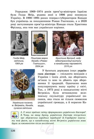 126
Упродовж 1969—1974 років прем’єр-міністром Ізраїлю
була Голда Меїр, родина якої в 1906 році покинула
Україну. В 1990—1995 роках генерал-губернатором Канади
був українець за походженням Роман Гнатишин, а в 2020
році заступницею прем’єр-міністра Канади стала Христина
Фріланд, яка теж має українське коріння.
Голда Меїр,
світлина,
1964 рік
Поштова марка
Канади «Роман
Гнатишин»,
2004 рік
Христина Фріланд, кадр
відеотрансляції виступу
в канадському парламенті,
2016 рік
У багатьох державах існує україн-
ська діаспора – спільнота вихідців з
України і їхніх дітей, що зберігають
зв’язок із нею та дбають про збере-
ження її традицій. Одночасно вони
популяризують нашу країну у світі.
Так, у 1975 році в канадському місті
Веґревіль було встановлено веле-
тенську скульптуру української пи-
санки, яка стала не тільки символом
української громади, а й окрасою Ка-
нади.
1. У яких країнах світу сформувалась українська діаспора?
2. Чому, на вашу думку, українська діаспора піклується
про збереження народних традицій? 3. Спробуйте поясни-
ти той факт, що в канадському місті Веґревіль українська мова
друга за вживаністю після англійської.
Українська писанка,
м. Веґревіль, Канада,
сучасна світлина
 