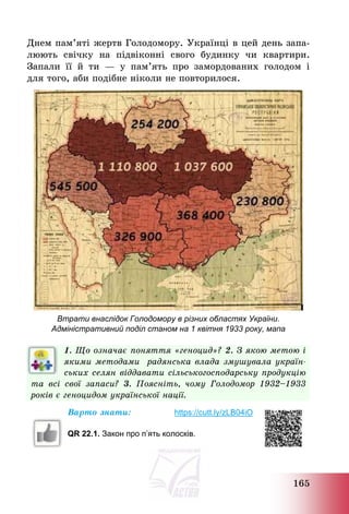 165
Днем пам’яті жертв Голодомору. Українці в цей день запа-
люють свічку на підвіконні свого будинку чи квартири.
Запали її й ти – у пам’ять про замордованих голодом і
для того, аби подібне ніколи не повторилося.
Втрати внаслідок Голодомору в різних областях України.
Адміністративний поділ станом на 1 квітня 1933 року, мапа
1. Що означає поняття «геноцид»? 2. З якою метою і
якими методами радянська влада змушувала україн-
ських селян віддавати сільськогосподарську продукцію
та всі свої запаси? 3. Поясніть, чому Голодомор 1932—1933
років є геноцидом української нації.
Варто знати: https://cutt.ly/zLB04iO
QR 22.1. Закон про п’ять колосків.
 