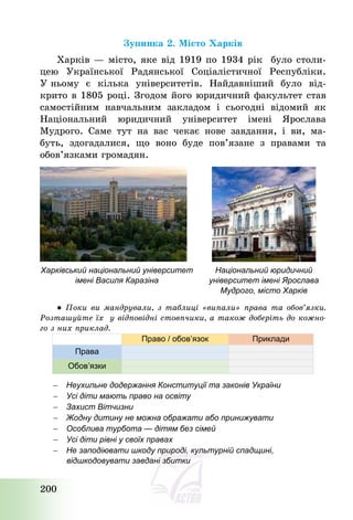 200
Зупинка 2. Місто Харків
Харків – місто, яке від 1919 по 1934 рік було столи-
цею Української Радянської Соціалістичної Республіки.
У ньому є кілька університетів. Найдавніший було від-
крито в 1805 році. Згодом його юридичний факультет став
самостійним навчальним закладом і сьогодні відомий як
Національний юридичний університет імені Ярослава
Мудрого. Саме тут на вас чекає нове завдання, і ви, ма-
буть, здогадалися, що воно буде пов’язане з правами та
обов’язками громадян.
Харківський національний університет
імені Василя Каразіна
Національний юридичний
університет імені Ярослава
Мудрого, місто Харків
● Поки ви мандрували, з таблиці «випали» права та обов’язки.
Розташуйте їх у відповідні стовпчики, а також доберіть до кожно-
го з них приклад.
Право / обов’язок Приклади
Права
Обов’язки
 Неухильне додержання Конституції та законів України
 Усі діти мають право на освіту
 Захист Вітчизни
 Жодну дитину не можна ображати або принижувати
 Особлива турбота — дітям без сімей
 Усі діти рівні у своїх правах
 Не заподіювати шкоду природі, культурній спадщині,
відшкодовувати завдані збитки
 