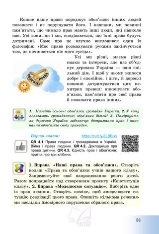 31
Кожне наше право породжує обов’язок інших людей
поважати і не порушувати його. І навпаки, ми повинні
пам’ятати, що чимало прав мають інші люди, які навколо
нас. Усі вони, як і ми, сподіваються, що їхні права будуть
дотримані. Саме про це влучно висловився один із
філософів: «Моє право розмахувати руками закінчується
там, де починається ніс мого сусіда».
Усі ми різні, маємо різні
смаки та інтереси, але нас об’єд-
нує держава Україна – наш спі-
льний дім. І щоб у ньому жилося
добре і спокійно, і діти, й дорослі
повинні дотримуватися цих не-
хитрих правил: виконувати обо-
в’язки, пам’ятати про свої права
й поважати права інших.
1. Назвіть основні обов’язки громадян України. 2. У чому
полягають громадянські обов’язки дітей? 3. Поміркуйте,
як держава Україна забезпечує дотримання прав і вико-
нання обов’язків своїх громадян.
Варто знати: https://cutt.ly/ZLBBixy
QR 4.1. Права людини і громадянина в Україні.
Війна і права людини. QR 4.2. Докладніше про
права дитини. QR 4.3. Єдність прав і обов’язків:
притча про три хлібини.
1. Вправа «Наші права та обов’язки». Створіть
колаж «Права та обов’язки учнів нашого класу».
Запрезентуйте свої напрацювання решті дітей.
Разом попрацюйте над створенням проєкту «Конституція
класу». 2. Вправа «Моделюємо ситуацію». Виберіть одне
із прав людини. Створіть комікс, щоб змоделювати си-
туацію реалізації цього права. Опишіть кількома речення-
ми наслідки ймовірного порушення обраного права.
 