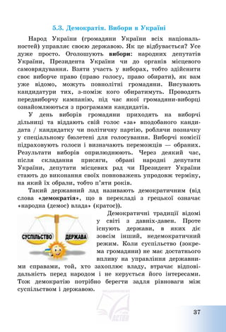 37
5.3. Демократія. Вибори в Україні
Народ України (громадяни України всіх національ-
ностей) управляє своєю державою. Як це відбувається? Усе
дуже просто. Оголошують вибори: народних депутатів
України, Президента України чи до органів місцевого
самоврядування. Взяти участь у виборах, тобто здійснити
своє виборче право (право голосу, право обирати), як вам
уже відомо, можуть повнолітні громадяни. Висувають
кандидатури тих, з-поміж кого обиратимуть. Проводять
передвиборчу кампанію, під час якої громадяни-виборці
ознайомлюються з програмами кандидатів.
У день виборів громадяни приходять на виборчі
дільниці та віддають свій голос «за» вподобаного канди-
дата / кандидатку чи політичну партію, роблячи позначку
у спеціальному бюлетені для голосування. Виборчі комісії
підраховують голоси і визначають переможців – обраних.
Результати виборів оприлюднюють. Через деякий час,
після складання присяги, обрані народні депутати
України, депутати місцевих рад чи Президент України
стають до виконання своїх повноважень упродовж терміну,
на який їх обрали, тобто п’яти років.
Такий державний лад називають демократичним (від
слова «демократія», що в перекладі з грецької означає
«народна (демос) влада» (кратос)).
Демократичні традиції відомі
у світі з давніх-давен. Проте
існують держави, в яких діє
зовсім інший, недемократичний
режим. Коли суспільство (зокре-
ма громадяни) не має достатнього
впливу на управління державни-
ми справами, той, хто захоплює владу, втрачає відпові-
дальність перед народом і не керується його інтересами.
Тож демократію потрібно берегти задля рівноваги між
суспільством і державою.
 