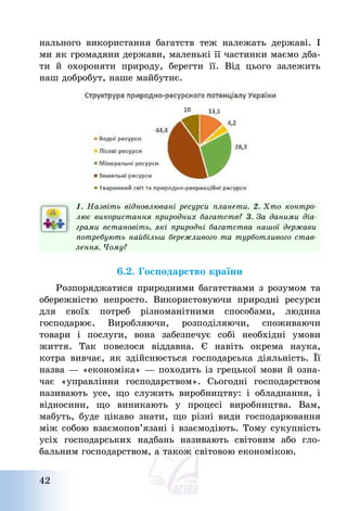 42
нального використання багатств теж належать державі. І
ми як громадяни держави, маленькі її частинки маємо дба-
ти й охороняти природу, берегти її. Від цього залежить
наш добробут, наше майбутнє.
1. Назвіть відновлювані ресурси планети. 2. Хто контро-
лює використання природних багатств? 3. За даними діа-
грами встановіть, які природні багатства нашої держави
потребують найбільш бережливого та турботливого став-
лення. Чому?
6.2. Господарство країни
Розпоряджатися природними багатствами з розумом та
обережністю непросто. Використовуючи природні ресурси
для своїх потреб різноманітними способами, людина
господарює. Виробляючи, розподіляючи, споживаючи
товари і послуги, вона забезпечує собі необхідні умови
життя. Так повелося віддавна. Є навіть окрема наука,
котра вивчає, як здійснюється господарська діяльність. Її
назва – «економіка» – походить із грецької мови й озна-
чає «управління господарством». Сьогодні господарством
називають усе, що служить виробництву: і обладнання, і
відносини, що виникають у процесі виробництва. Вам,
мабуть, буде цікаво знати, що різні види господарювання
між собою взаємопов’язані і взаємодіють. Тому сукупність
усіх господарських надбань називають світовим або гло-
бальним господарством, а також світовою економікою.
 