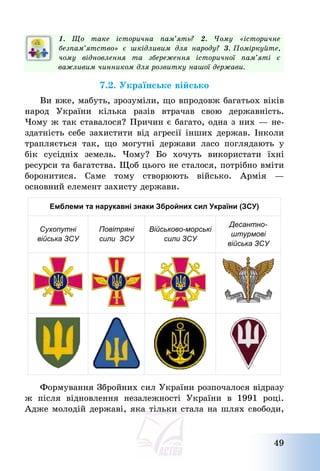 49
1. Що таке історична пам’ять? 2. Чому «історичне
безпам’ятство» є шкідливим для народу? 3. Поміркуйте,
чому відновлення та збереження історичної пам’яті є
важливим чинником для розвитку нашої держави.
7.2. Українське військо
Ви вже, мабуть, зрозуміли, що впродовж багатьох віків
народ України кілька разів втрачав свою державність.
Чому ж так ставалося? Причин є багато, одна з них – не-
здатність себе захистити від агресії інших держав. Інколи
трапляється так, що могутні держави ласо поглядають у
бік сусідніх земель. Чому? Бо хочуть використати їхні
ресурси та багатства. Щоб цього не сталося, потрібно вміти
боронитися. Саме тому створюють військо. Армія –
основний елемент захисту держави.
Емблеми та нарукавні знаки Збройних сил України (ЗСУ)
Сухопутні
війська ЗСУ
Повітряні
сили ЗСУ
Військово-морські
сили ЗСУ
Десантно-
штурмові
війська ЗСУ
Формування Збройних сил України розпочалося відразу
ж після відновлення незалежності України в 1991 році.
Адже молодій державі, яка тільки стала на шлях свободи,
 