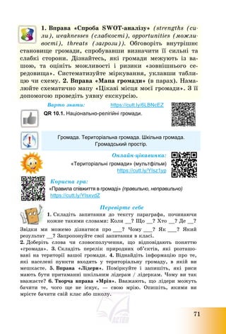 71
1. Вправа «Спроба SWOT-аналізу» (strengths (си-
ли), weaknesses (слабкості), opportunities (можли-
вості), threats (загрози)). Обговоріть внутрішнє
становище громади, спробувавши визначити її сильні та
слабкі сторони. Дізнайтесь, які громади межують із ва-
шою, та оцініть можливості і ризики «зовнішнього се-
редовища». Систематизуйте міркування, уклавши табли-
цю чи схему. 2. Вправа «Мапа громади» (в парах). Нама-
люйте схематично мапу «Цікаві місця моєї громади». З її
допомогою проведіть уявну екскурсію.
Варто знати: https://cutt.ly/6LBNcEZ
QR 10.1. Національно-релігійні громади.
Громада. Територіальна громада. Шкільна громада.
Громадський простір.
Онлайн-цікавинка:
«Територіальні громади» (мультфільм)
https://cutt.ly/YIsz1yp
Корисна гра:
«Правила співжиття в громаді» (правильно, неправильно)
https://cutt.ly/YIsxvdZ
Перевірте себе
1. Складіть запитання до тексту параграфа, починаючи
кожне такими словами: Коли __? Що __? Хто __? Де __?
Звідки ми можемо дізнатися про ___? Чому ___? Як ___? Який
результат __? Запропонуйте свої запитання в класі.
2. Доберіть слова чи словосполучення, що відповідають поняттю
«громада». 3. Складіть перелік природних об’єктів, які розташо-
вані на території вашої громади. 4. Віднайдіть інформацію про те,
які населені пункти входять у територіальну громаду, в якій ви
мешкаєте. 5. Вправа «Лідери». Поміркуйте і запишіть, які риси
мають бути притаманні шкільним лідерам / лідеркам. Чому ви так
вважаєте? 6. Творча вправа «Мрія». Вважають, що лідери можуть
бачити те, чого ще не існує, – свою мрію. Опишіть, якими ви
мрієте бачити свій клас або школу.
 