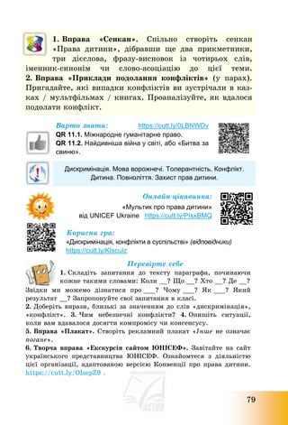 79
1. Вправа «Сенкан». Спільно створіть сенкан
«Права дитини», дібравши ще два прикметники,
три дієслова, фразу-висновок із чотирьох слів,
іменник-синонім чи слово-асоціацію до цієї теми.
2. Вправа «Приклади подолання конфліктів» (у парах).
Пригадайте, які випадки конфліктів ви зустрічали в каз-
ках / мультфільмах / книгах. Проаналізуйте, як вдалося
подолати конфлікт.
Варто знати: https://cutt.ly/0LBNWDv
QR 11.1. Міжнародне гуманітарне право.
QR 11.2. Найдивніша війна у світі, або «Битва за
свиню».
Дискримінація. Мова ворожнечі. Толерантність. Конфлікт.
Дитина. Повноліття. Захист прав дитини.
Онлайн-цікавинка:
«Мультик про права дитини»
від UNICEF Ukraine https://cutt.ly/PIsxBMQ
Корисна гра:
«Дискримінація, конфлікти в суспільстві» (відповідники)
https://cutt.ly/KIscuIz
Перевірте себе
1. Складіть запитання до тексту параграфа, починаючи
кожне такими словами: Коли __? Що __? Хто __? Де __?
Звідки ми можемо дізнатися про ___? Чому ___? Як ___? Який
результат __? Запропонуйте свої запитання в класі.
2. Доберіть вирази, близькі за значенням до слів «дискримінація»,
«конфлікт». 3. Чим небезпечні конфлікти? 4. Опишіть ситуації,
коли вам вдавалося досягти компромісу чи консенсусу.
5. Вправа «Плакат». Створіть рекламний плакат «Інше не означає
погане».
6. Творча вправа «Екскурсія сайтом ЮНІСЕФ». Завітайте на сайт
українського представництва ЮНІСЕФ. Ознайомтеся з діяльністю
цієї організації, адаптованою версією Конвенції про права дитини.
https://cutt.ly/OIsepZ9 .
 