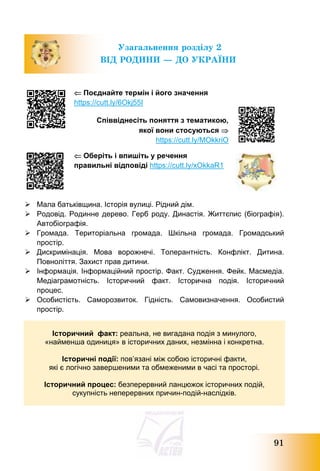 91
Узагальнення розділу 2
ВІД РОДИНИ – ДО УКРАЇНИ
 Поєднайте термін і його значення
https://cutt.ly/6Okj55I
Співвіднесіть поняття з тематикою,
якої вони стосуються 
https://cutt.ly/MOkkriO
 Оберіть і впишіть у речення
правильні відповіді https://cutt.ly/xOkkaR1
 Мала батьківщина. Історія вулиці. Рідний дім.
 Родовід. Родинне дерево. Герб роду. Династія. Життєпис (біографія).
Автобіографія.
 Громада. Територіальна громада. Шкільна громада. Громадський
простір.
 Дискримінація. Мова ворожнечі. Толерантність. Конфлікт. Дитина.
Повноліття. Захист прав дитини.
 Інформація. Інформаційний простір. Факт. Судження. Фейк. Масмедіа.
Медіаграмотність. Історичний факт. Історична подія. Історичний
процес.
 Особистість. Саморозвиток. Гідність. Самовизначення. Особистий
простір.
Історичний факт: реальна, не вигадана подія з минулого,
«найменша одиниця» в історичних даних, незмінна і конкретна.
Історичні події: пов’язані між собою історичні факти,
які є логічно завершеними та обмеженими в часі та просторі.
Історичний процес: безперервний ланцюжок історичних подій,
сукупність неперервних причин-подій-наслідків.
 
