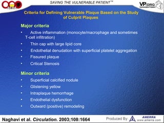 • Outward (positive) remodeling
• Endothelial dysfunction
• Intraplaque hemorrhage
• Glistening yellow
• Superficial calcified nodule
Minor criteria
• Critical Stenosis
• Fissured plaque
• Endothelial denudation with superficial platelet aggregation
• Thin cap with large lipid core
• Active inflammation (monocyte/macrophage and sometimes
T-cell infiltration)
Major criteria
Criteria for Defining Vulnerable Plaque Based on the Study
of Culprit Plaques
Naghavi et al. Circulation. 2003;108:1664
 