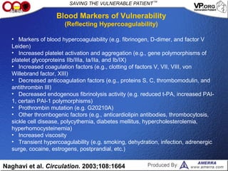 • Markers of blood hypercoagulability (e.g. fibrinogen, D-dimer, and factor V
Leiden)
• Increased platelet activation and aggregation (e.g., gene polymorphisms of
platelet glycoproteins IIb/IIIa, Ia/IIa, and Ib/IX)
• Increased coagulation factors (e.g., clotting of factors V, VII, VIII, von
Willebrand factor, XIII)
• Decreased anticoagulation factors (e.g., proteins S, C, thrombomodulin, and
antithrombin III)
• Decreased endogenous fibrinolysis activity (e.g. reduced t-PA, increased PAI-
1, certain PAI-1 polymorphisms)
• Prothrombin mutation (e.g. G20210A)
• Other thrombogenic factors (e.g., anticardiolipin antibodies, thrombocytosis,
sickle cell disease, polycythemia, diabetes mellitus, hypercholesterolemia,
hyperhomocysteinemia)
• Increased viscosity
• Transient hypercoagulability (e.g. smoking, dehydration, infection, adrenergic
surge, cocaine, estrogens, postprandial, etc.)
Blood Markers of Vulnerability
(Reflecting Hypercoagulability)
Naghavi et al. Circulation. 2003;108:1664
 