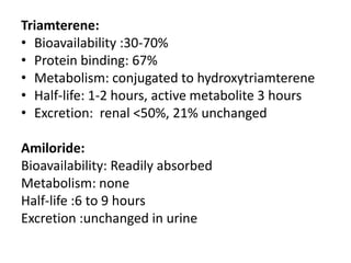 Triamterene:
• Bioavailability :30-70%
• Protein binding: 67%
• Metabolism: conjugated to hydroxytriamterene
• Half-life: 1-2 hours, active metabolite 3 hours
• Excretion: renal <50%, 21% unchanged

Amiloride:
Bioavailability: Readily absorbed
Metabolism: none
Half-life :6 to 9 hours
Excretion :unchanged in urine

 