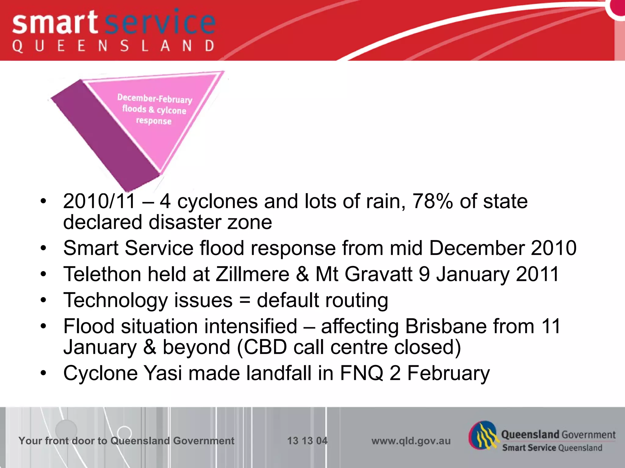 2010/11 – 4 cyclones and lots of rain, 78% of state declared disaster zone Smart Service flood response from mid December 2010  Telethon held at Zillmere & Mt Gravatt 9 January 2011 Technology issues = default routing Flood situation intensified – affecting Brisbane from 11 January & beyond (CBD call centre closed) Cyclone Yasi made landfall in FNQ 2 February  Your front door to Queensland Government  13 13 04  www.qld.gov.au 