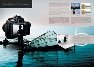 Unparallel freedom with Live View Shooting.
                                              Live View shooting gives photographers everywhere the ability to shoot in
                                              ways they never thought possible. Because you can now shoot using the
                                              EOS 5D Mark II’s larger LCD screen, it extends the creative possibilities of a
                                              DSLR camera that were not available until now.


                                                                                                                                                                     5x                                         3x3
                                              Live View shooting gives you three Autofocus Modes to choose from.
                                              In Quick Mode, Live View is momentarily interrupted as the camera lowers
                                              the mirror to achieve focus. In Live Mode, the camera reads focus and subject
                                              contrast right off the imaging sensor without any blackout or interruption
                                              of Live Viewing. And then there’s the new Live Face Detection Mode, where
                                              the camera will focus on any face it detects. You can also use the multi-
                                                                                                                                                                     10x                                        6x4
                                              controller to select which face to focus on.
                                                                                                                                               Image Magnification                               Grid Display


                                              The LCD screen’s versatility allows the camera to perform functions that         In environments such as classical concerts and stage performances, the EOS
                                              enhance Live View Shooting. You can enlarge the real-time on-screen              5D Mark II’s shutter charge sound can be reduced to prevent unnecessary
                                              image by 5x or 10x for more meticulous focus verification. By automatically      noise when shooting. Choose from two silent shooting modes. In Mode
                                              adjusting the brightness of the LCD screen, the camera can also simulate         1, shutter sound is significantly reduced. It can also be used during continuous
                                              different image exposure levels in real-time. Depth-of-field preview             shooting. In Mode 2, shutter cocking only occurs when the shutter button
                                              and grid displays are also possible in Live View to help you achieve better      is released halfway. This allows you to control the timing of the shutter
                                              image composition.                                                               charge sound.




                                                                                                                               With the EOS 5D Mark II, Remote Live View Shooting via a computer is
                                                                                                                               also possible. By means of a USB or wireless connection, you can view a
                                                                                                                               real-time image from the camera on your computer monitor. Having a much
                                                                                                                               larger display to view your image is useful in situations where perfect
                                                                                                                               focusing is absolutely critical.




                                                                                                                                                                                                                13
 