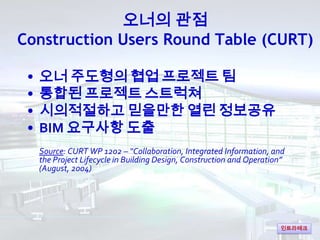 오너의 관점
Construction Users Round Table (CURT)

     오너 주도형의 협업 프로젝트 팀
 •
     통합된 프로젝트 스트럭쳐
 •
     시의적절하고 믿을만한 열린 정보공유
 •
...