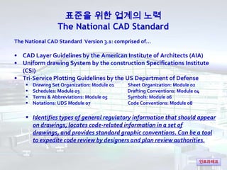 표준을 위한 업계의 노력
                  The National CAD Standard
The National CAD Standard Version 3.1: comprised of…

• CAD Laye...